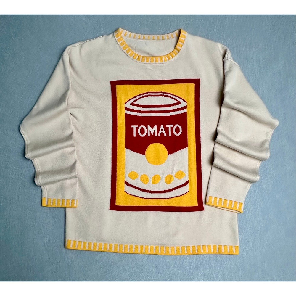 Pop Art Tomato Soup Can Knit Sweater Cream Yellow Red Crew Neck Long Sleeve M